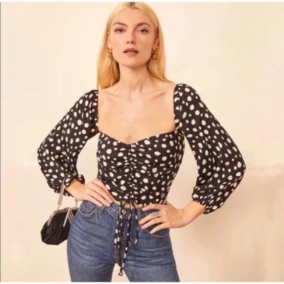Reformation Beautiful Desmond Crop Polka Dot Coquette Blouse Black Size 4 - Picture 1 of 12